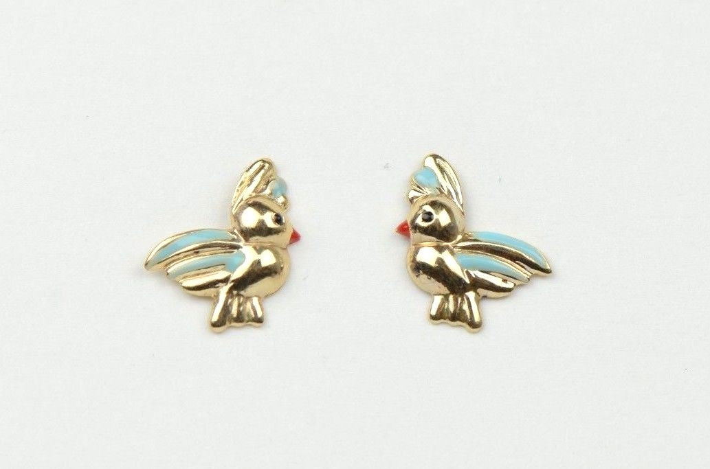 14k Yellow Gold Beautiful Enamel Bird Baby Earrings, Screw Back