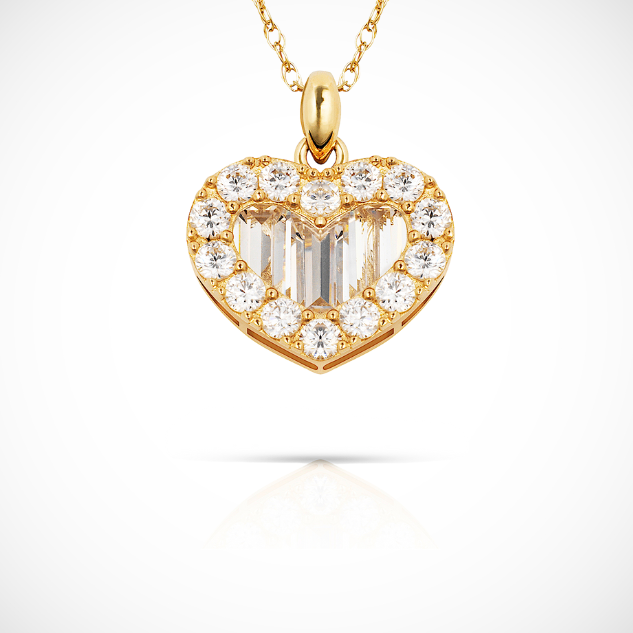 14K Yellow & White Gold CZ Baguette Fancy Heart Pendant For Girl