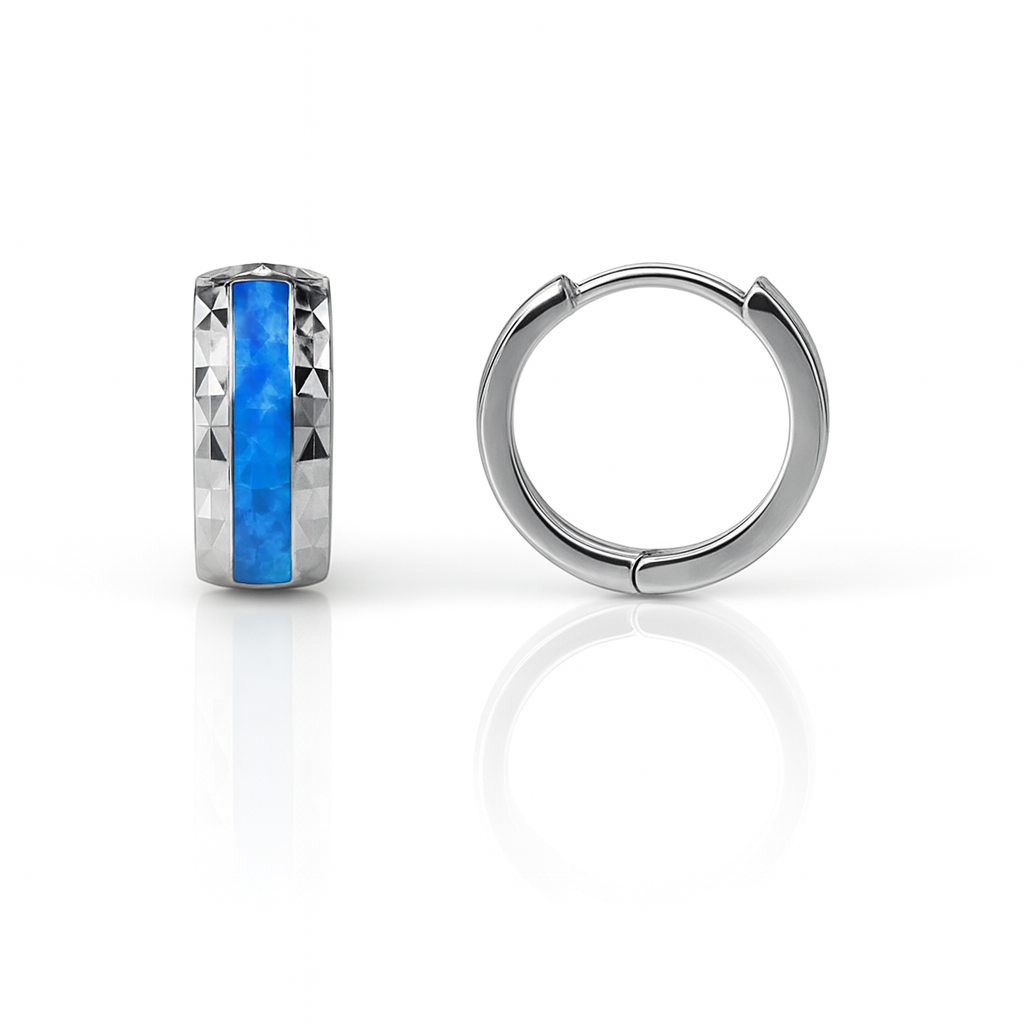 14k White Gold Dark Blue Opal Huggie Hoop Earrings
