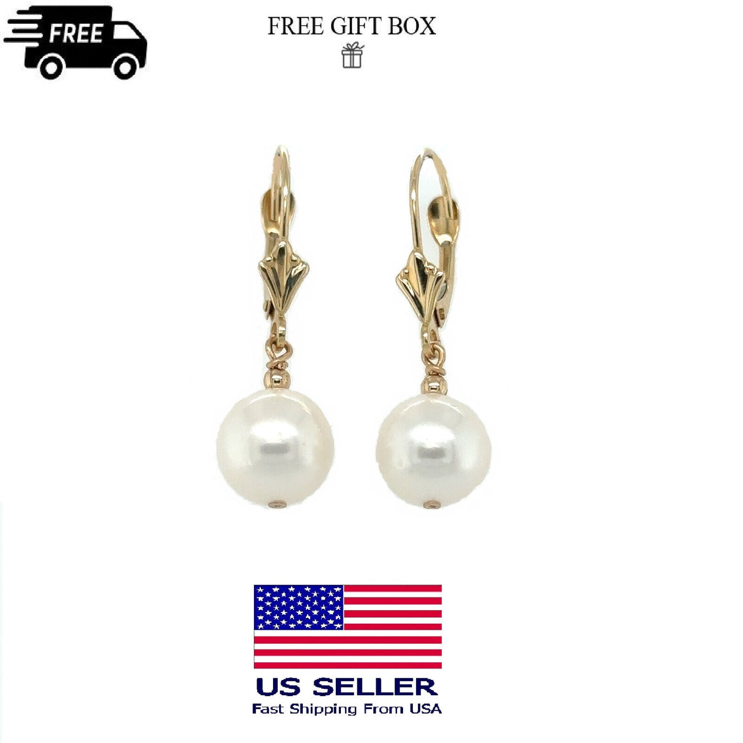 14K Yellow Gold Lever Back  Earrings with Genuine Pearl 8.5mm