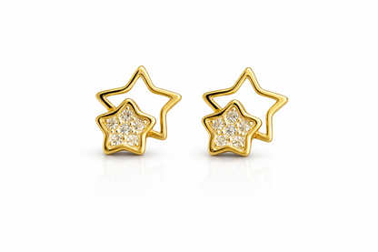 14k yellow white gold star and cz stud earrings