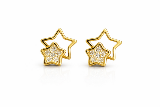 14k yellow white gold star and cz stud earrings