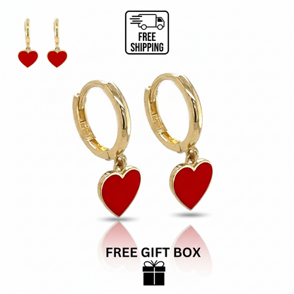 14K Yellow Gold Heart Shape Dangle Huggie  Earrings