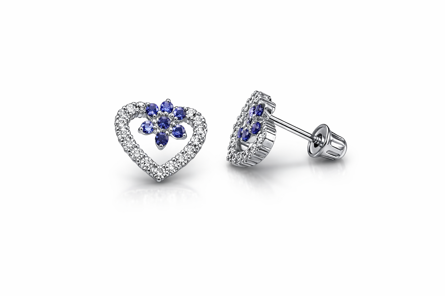 14K Yellow Gold CZ Heart Flower Shape Stud Earrings
