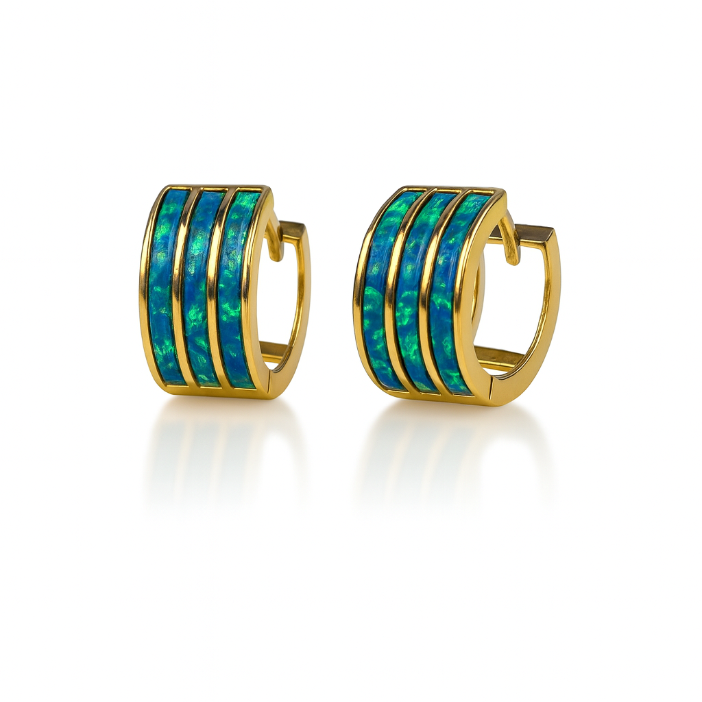 14k Yellow Gold Triple Row Dark Green Opal Huggie Hoop Earrings