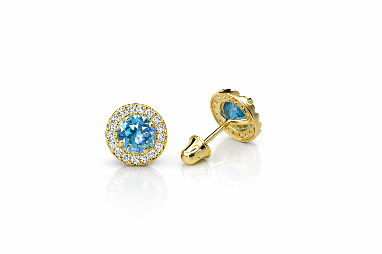 14K Yellow Gold Halo Stud Screw Back Earrings