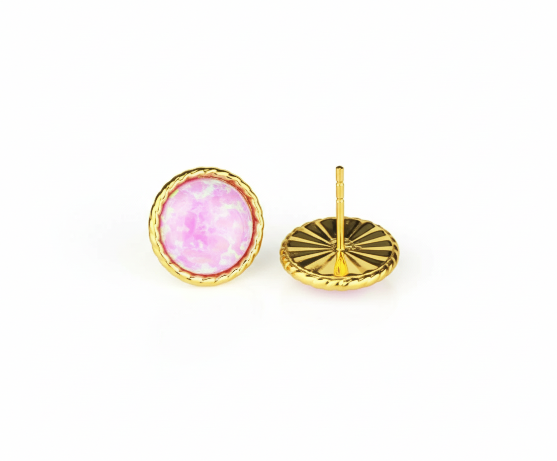 14K Yellow & White Gold Flat Opal Pretty  Stud Earrings for Women