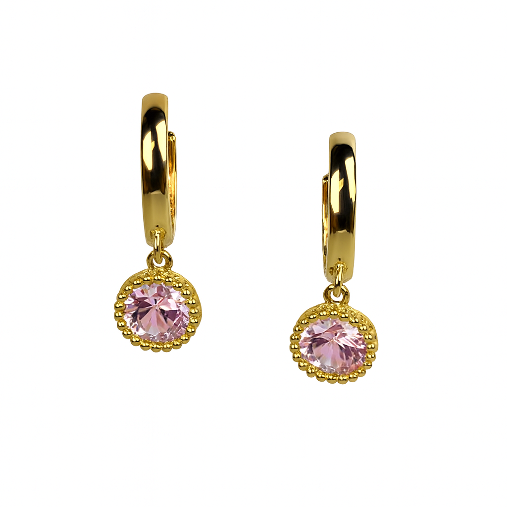 14k Yellow Gold Dangle Round Birthstone Huggie Earrings