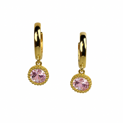 14k Yellow Gold Dangle Round Birthstone Huggie Earrings