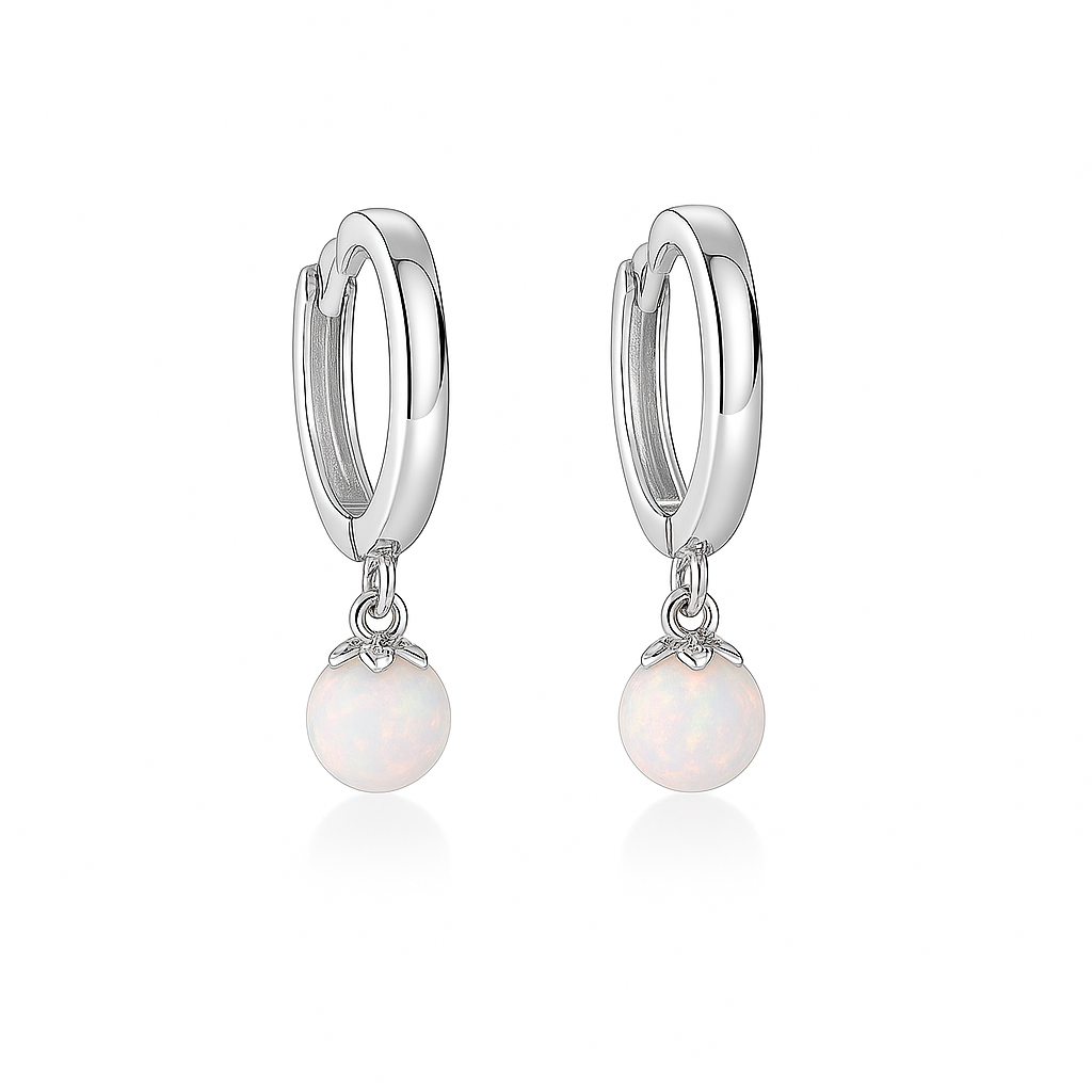 14k Yellow / White Gold White Opal Huggie Dangle Earrings