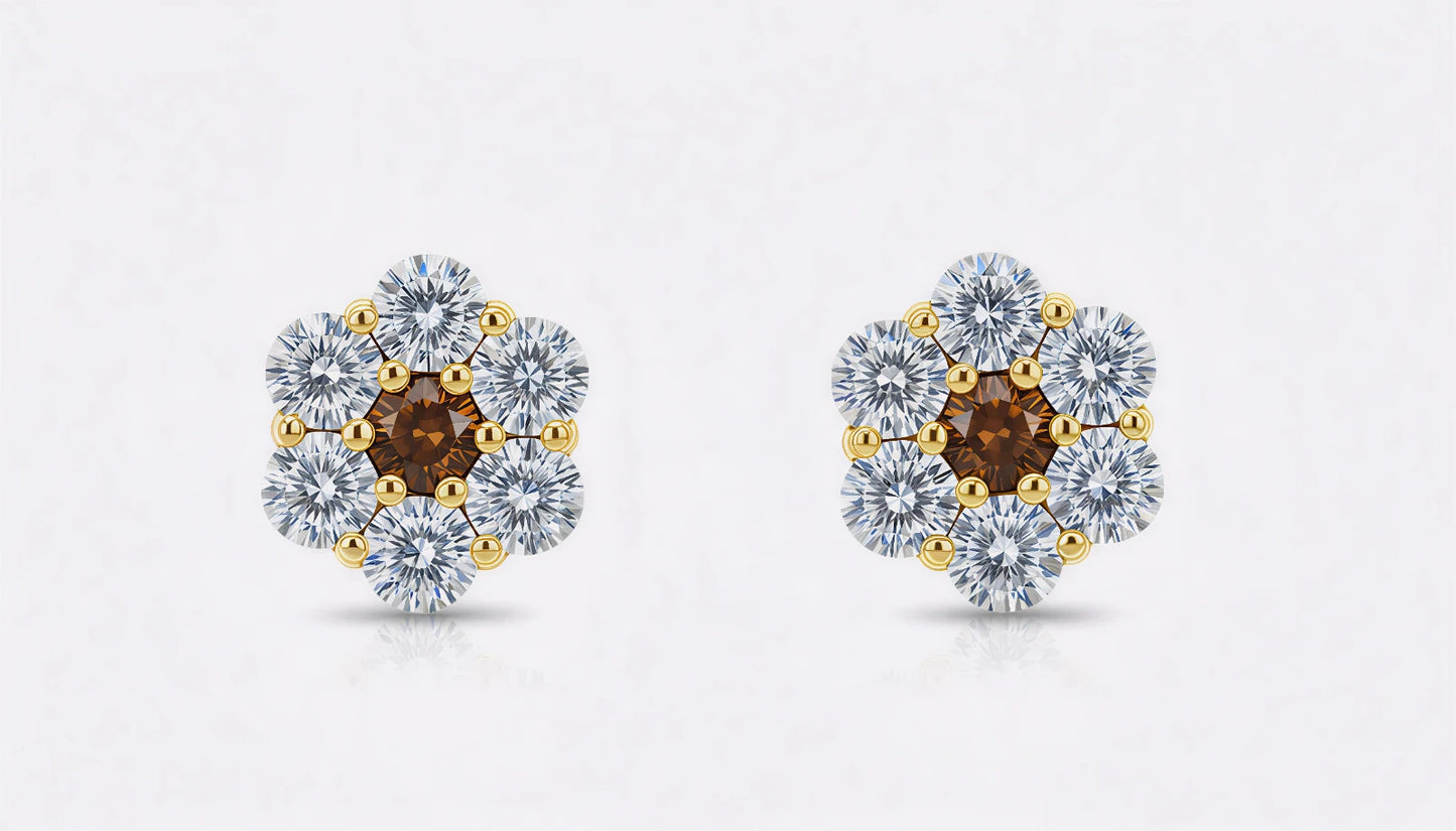 14K Yellow Gold Beautiful Flower CZ Stud Earrings for Women