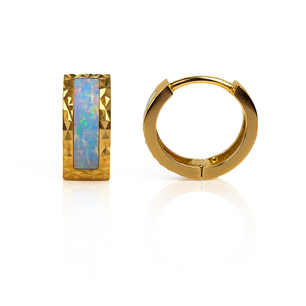 14k Yellow Gold Light Blue Opal Huggie Hoop Earrings