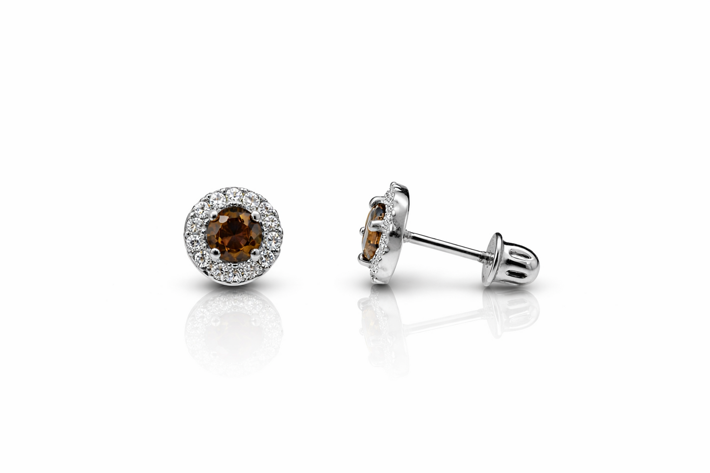 14k White Gold Halo Stud Earrings with Screw  Back