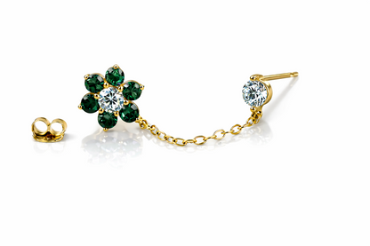 14k Yellow Gold Flower CZ Stud Earrings with chain Push back