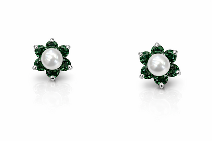 14k Yellow or White Gold Flower CZ Stud Earrings White Pearl with Screw Back