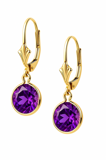 14K Yellow Gold Birthstone Round CZ Dangle Leverback Earrings