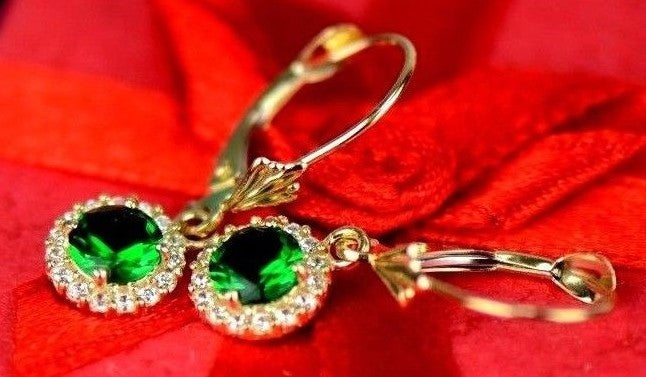 14k Yellow Gold Halo Dangle Round Leverback Pierced Earrings Birthstone