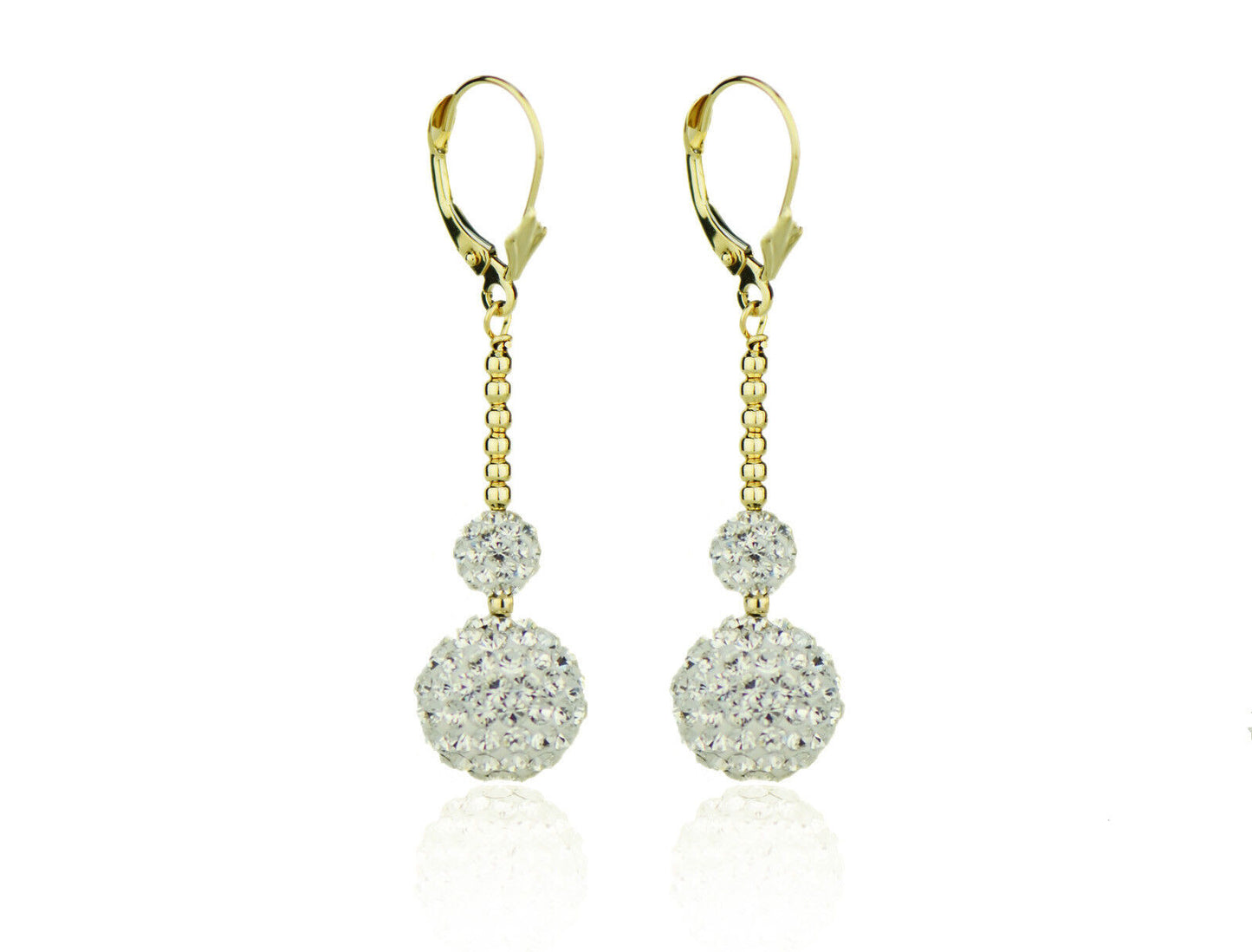 14K Yellow Gold Lever Back Dangle Ball Earrings with Genuine Czech Crystals.