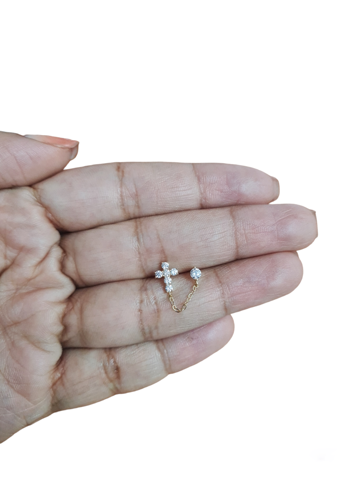 14k Yellow Gold Cross CZ Stud Earrings with chain Push back