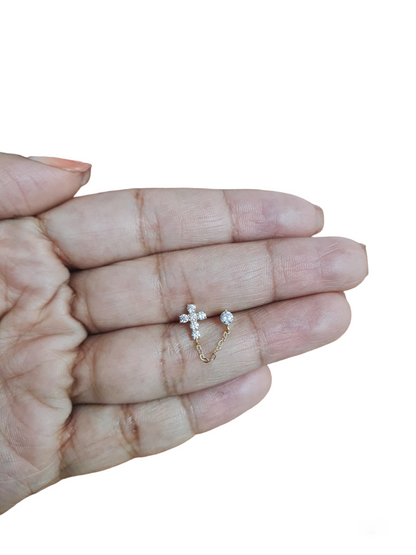 14k Yellow Gold Cross CZ Stud Earrings with chain Push back