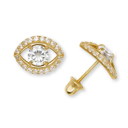 14K Yellow & White Gold CZ Evil Eye Stud Fashion Earrings for Women