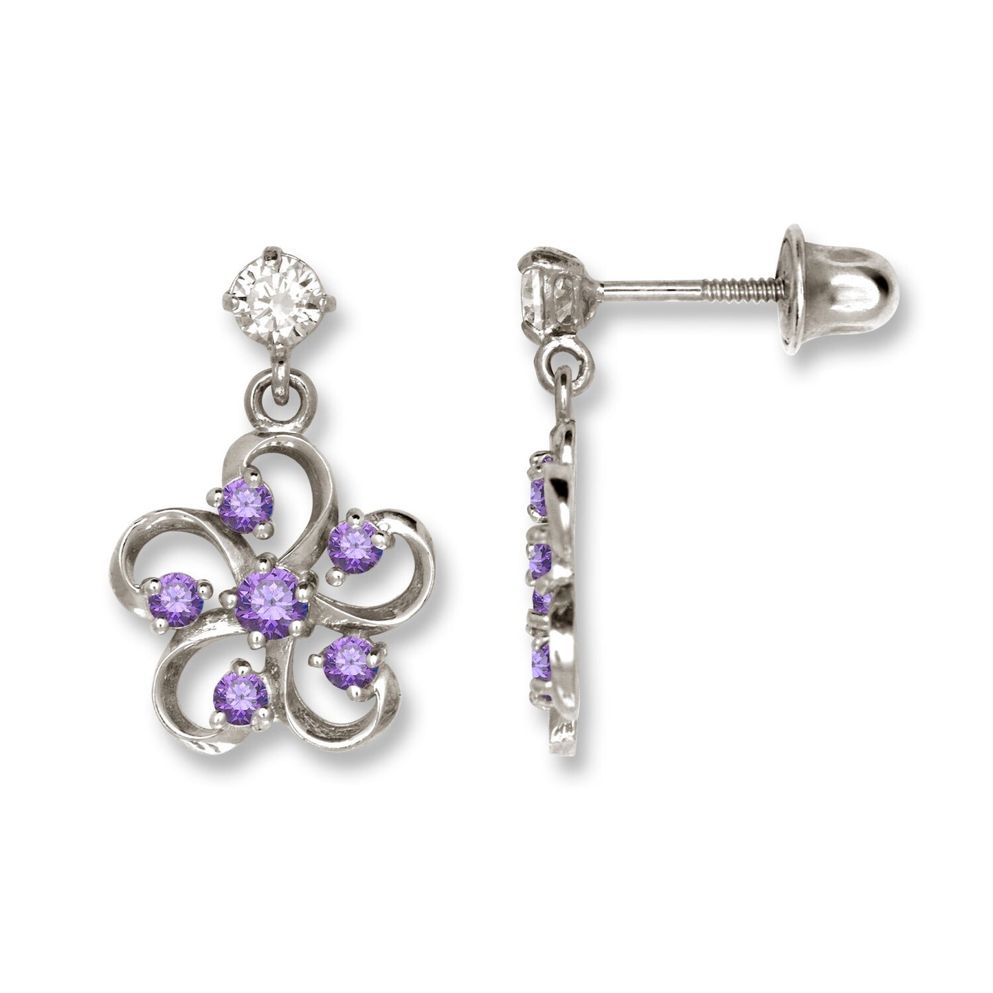 14K Yellow & White Gold Flower Screw Back Dangle Earrings for Women