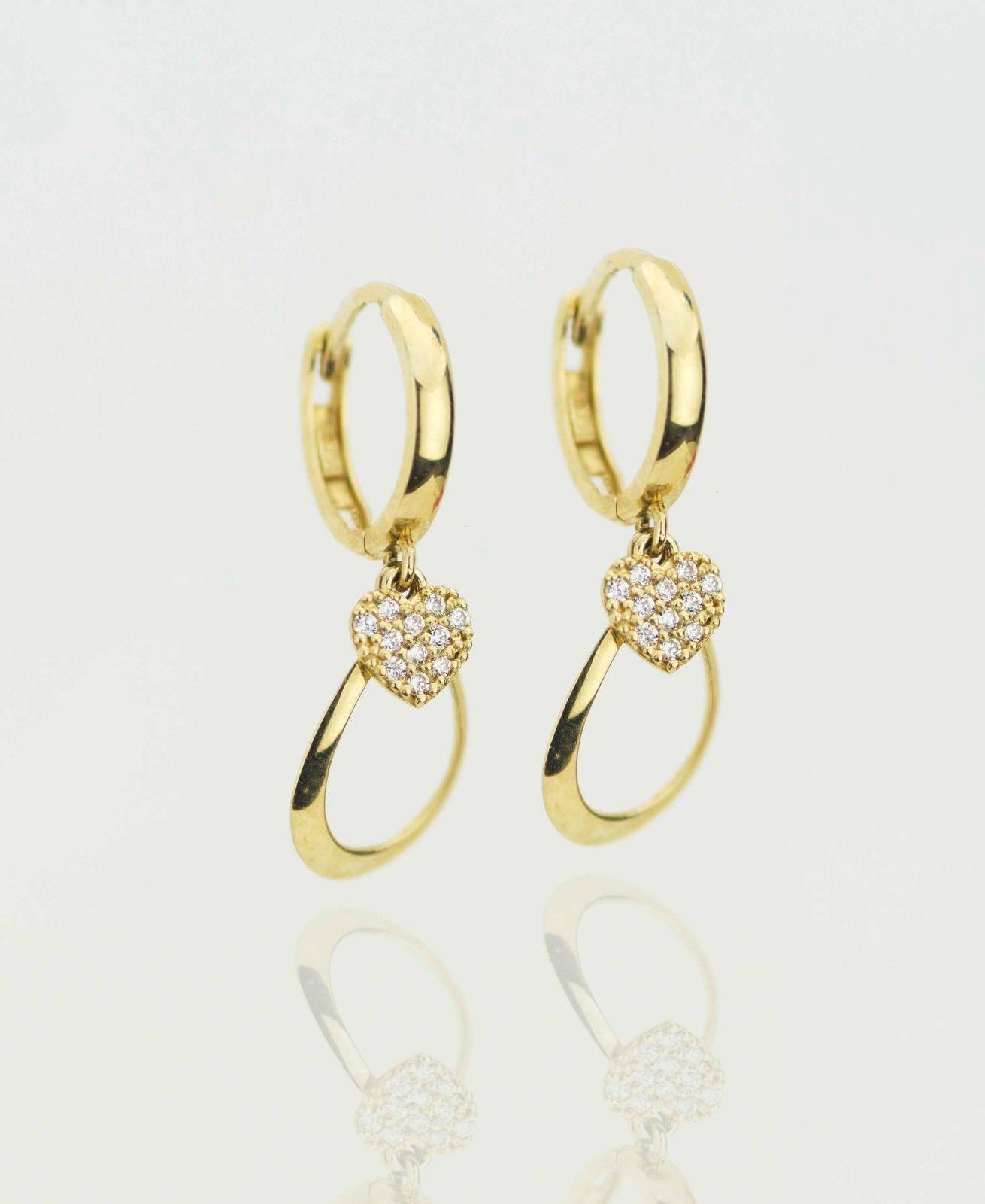 14k Yellow / White Gold Dangle CZ  Huggie Earrings