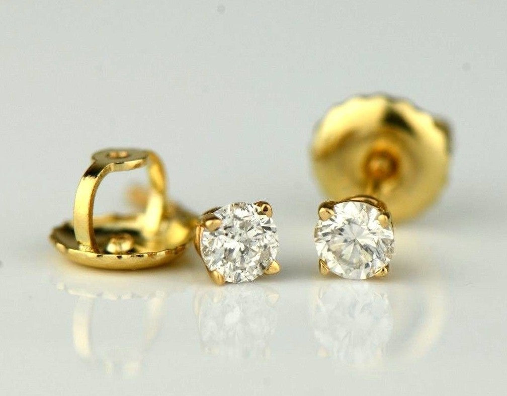 14k Yellow Gold Round Diamond Stud Earring with Screw Back .22 PT TW