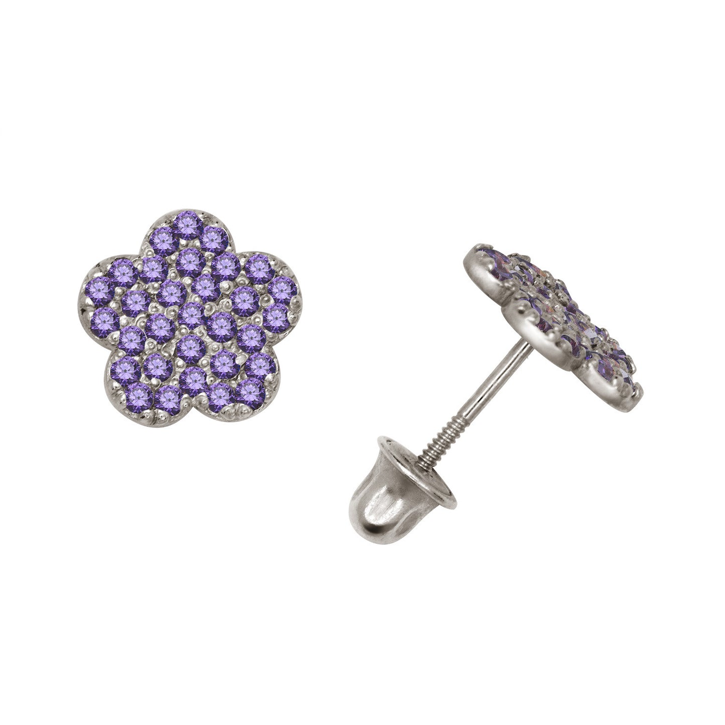 14k Yellow or White Gold CZ Flower Birthstone Stud Screw Back Earrings