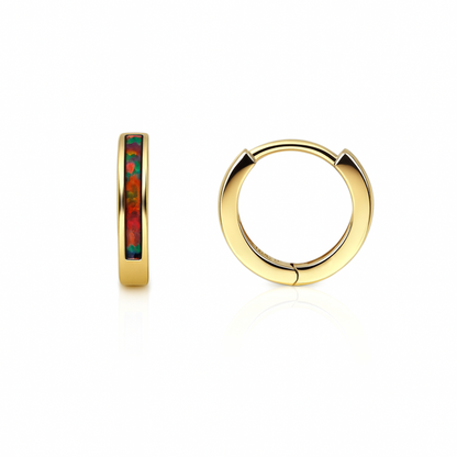 14k Yellow Gold One Row Black Opal Huggie Hoop Earrings