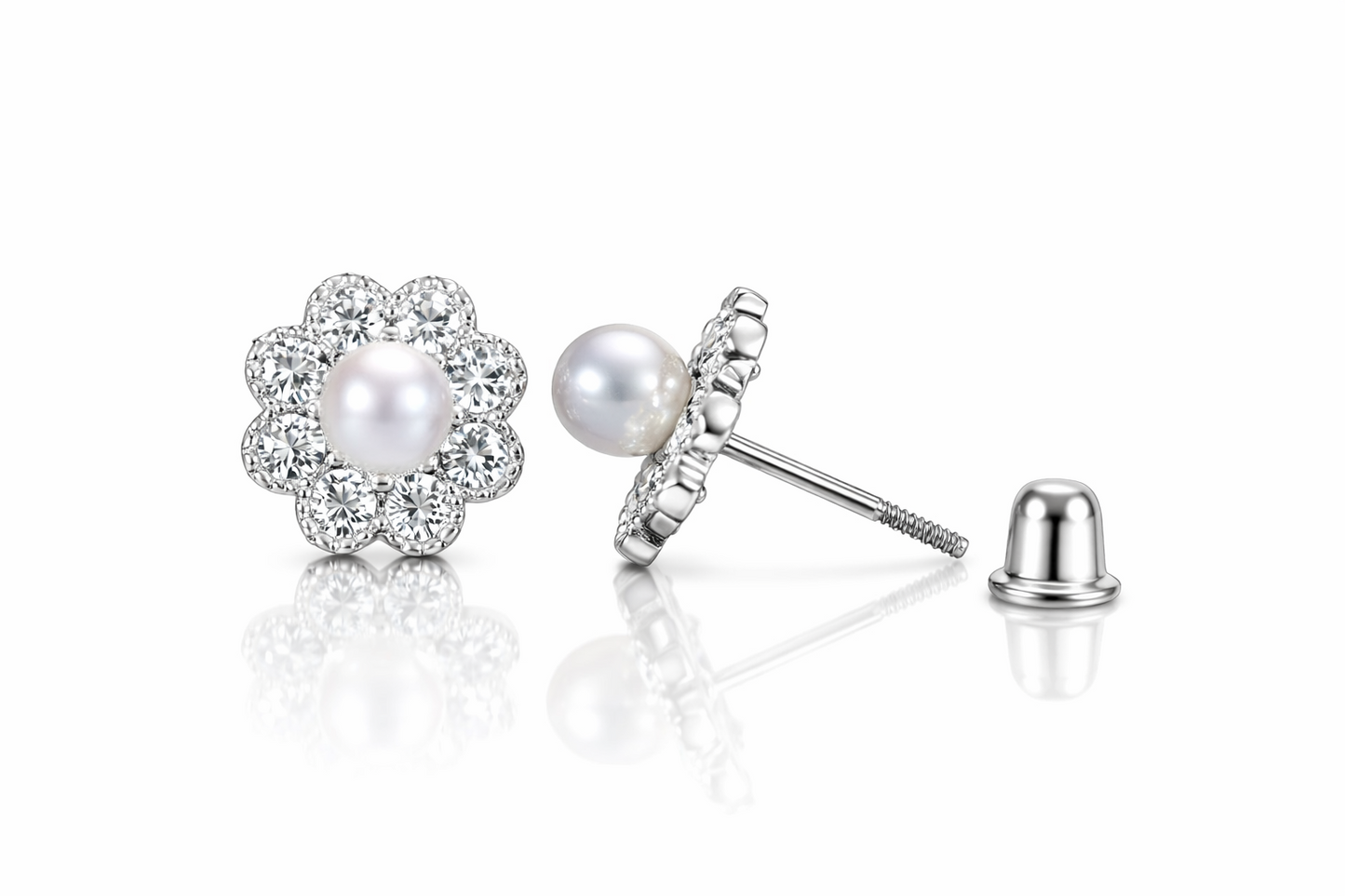 14k Yellow and White Gold Flower CZ Stud Earrings White Pearl with Screw Back
