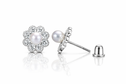 14k Yellow and White Gold Flower CZ Stud Earrings White Pearl with Screw Back