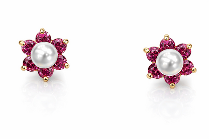 14k Yellow or White Gold Flower CZ Stud Earrings White Pearl with Screw Back