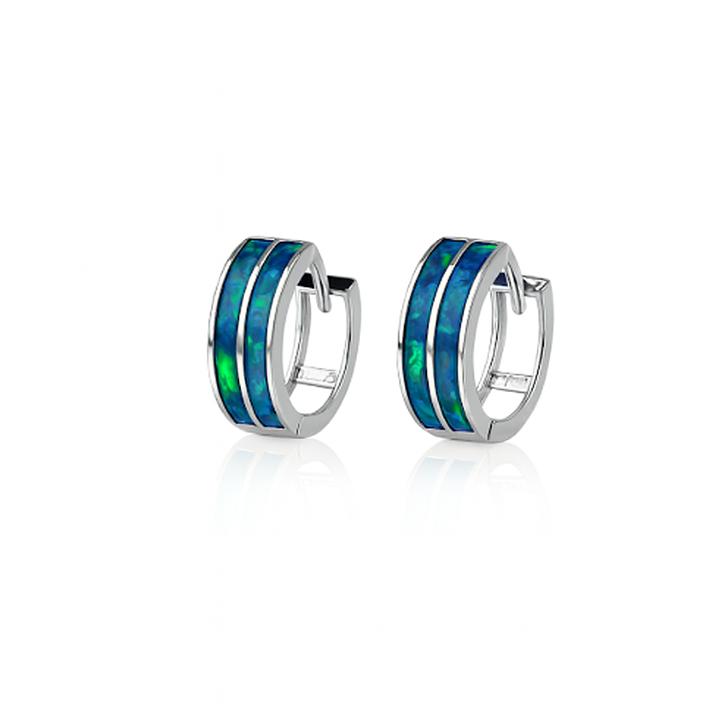 14k White Gold Double Row Dark Green Opal Huggie Hoop Earrings