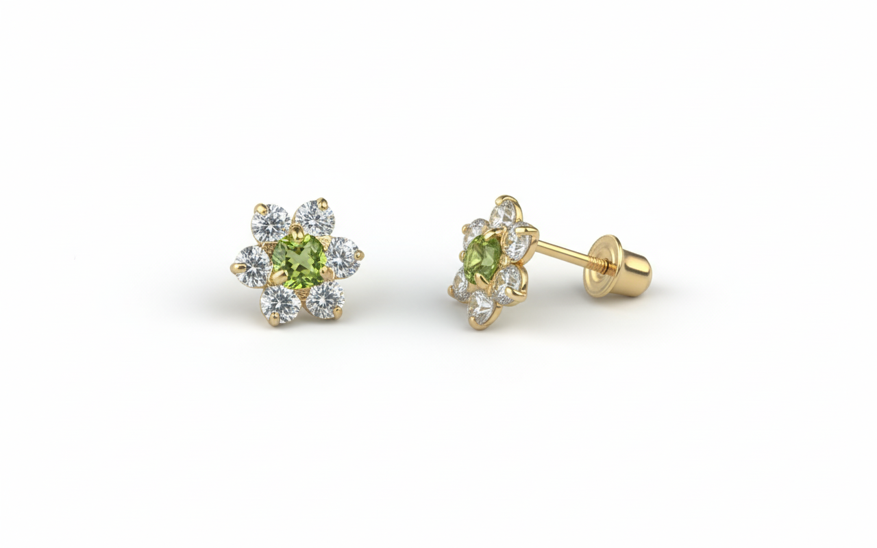 14K Yellow Gold Beautiful Flower CZ Stud Earrings for Women