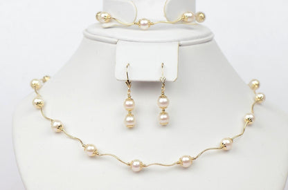 14k Yellow Gold Genuine White Pearls 3pcs Women Set:Necklace, Bracelet, Earrings