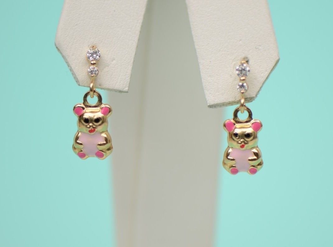 14K Solid Yellow Gold Teddy Bear Dangle Earring with Enamel