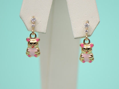14K Solid Yellow Gold Teddy Bear Dangle Earring with Enamel
