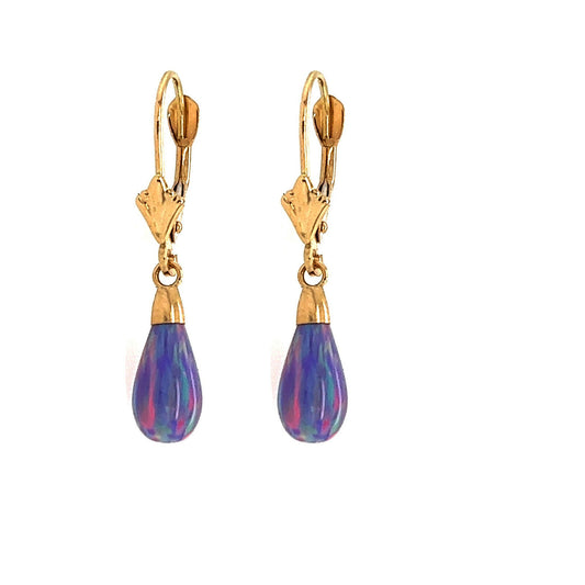 14k-Yellow and White Gold  Dangle  Purple Opal Leverback Earrings