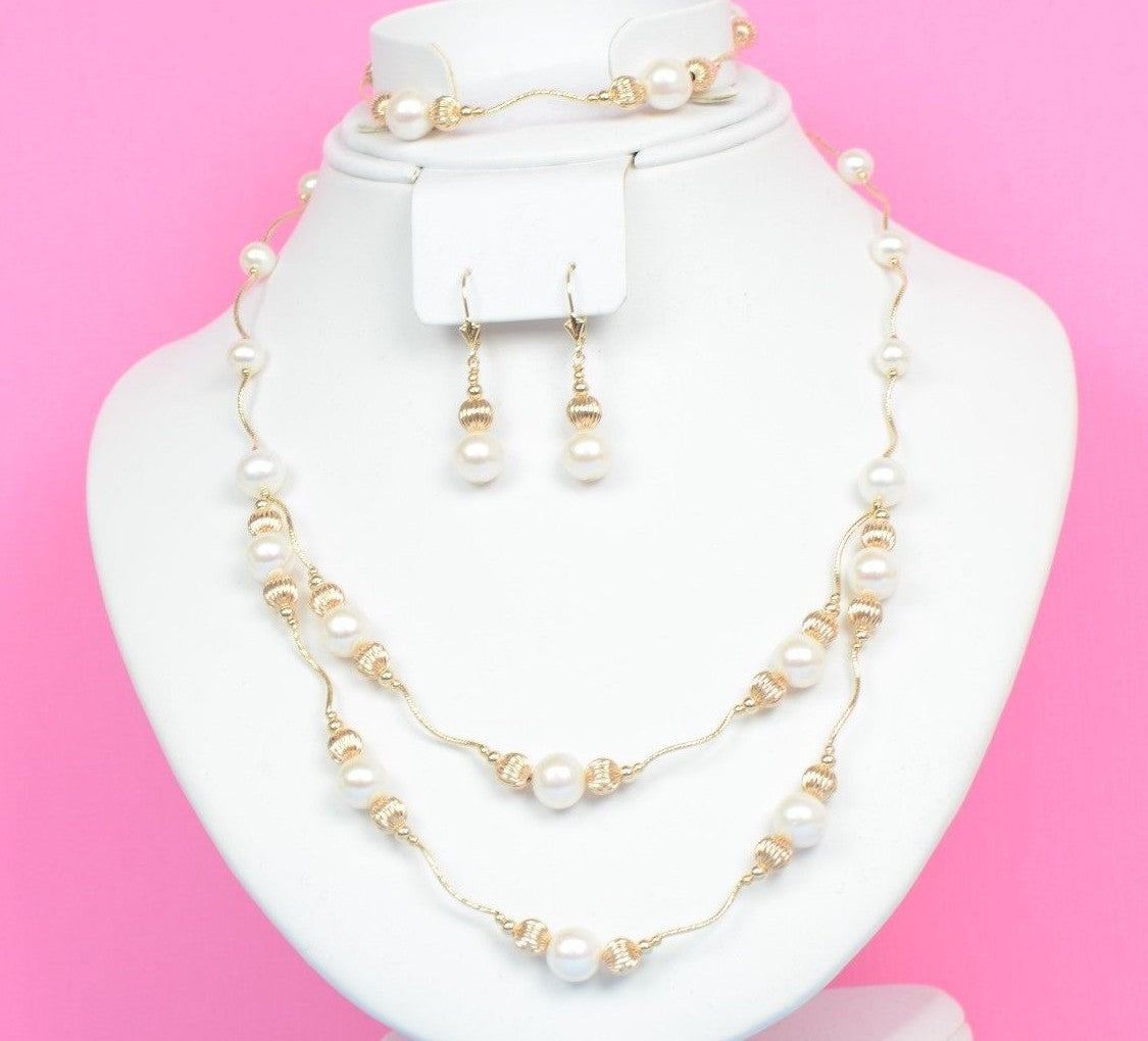 14K Yellow Gold Natural White genuine Pearl Necklace, Bracelet,  Earrings Set