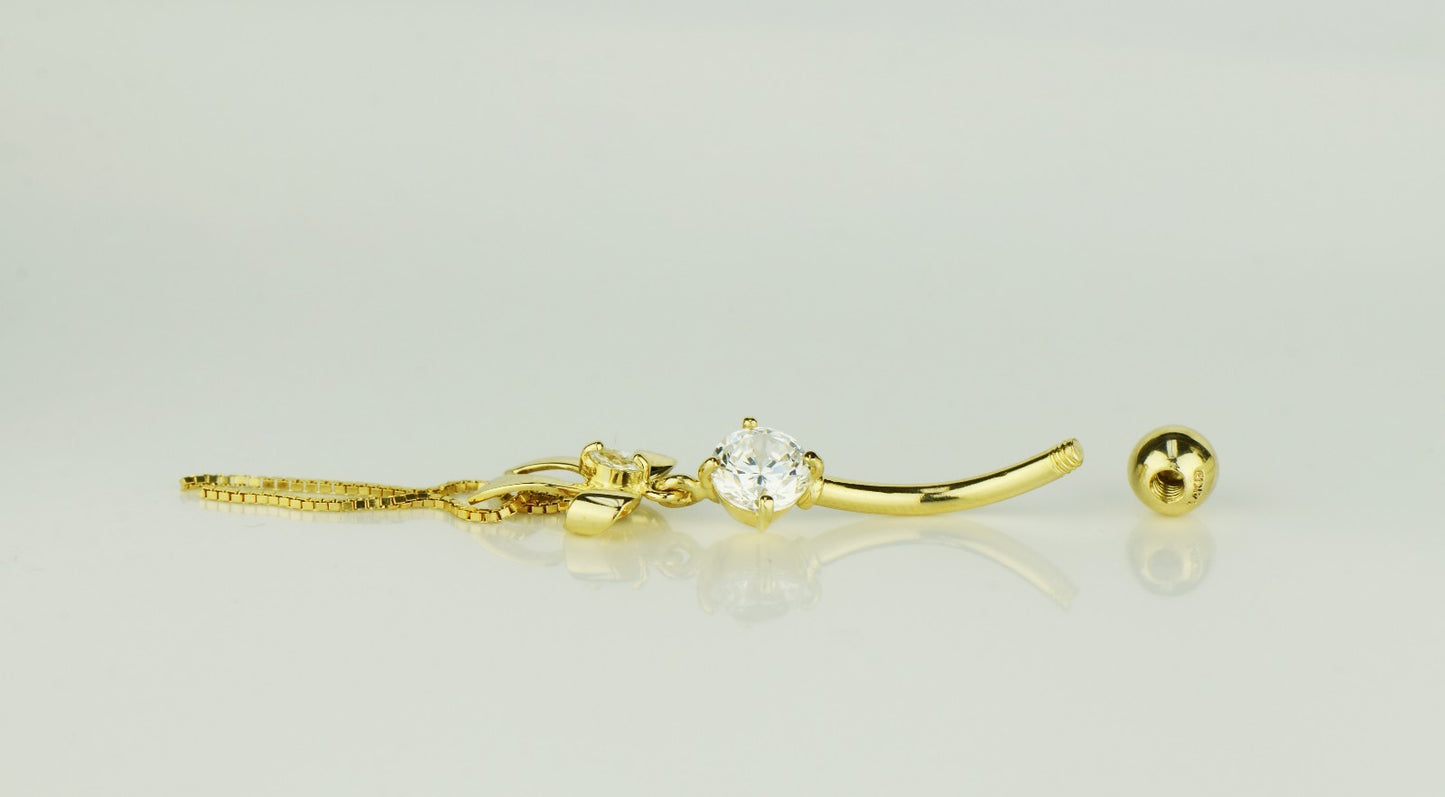14k Yellow or White Gold Belly Button Dangle CZ Bow Tie Barbel Bar Ring