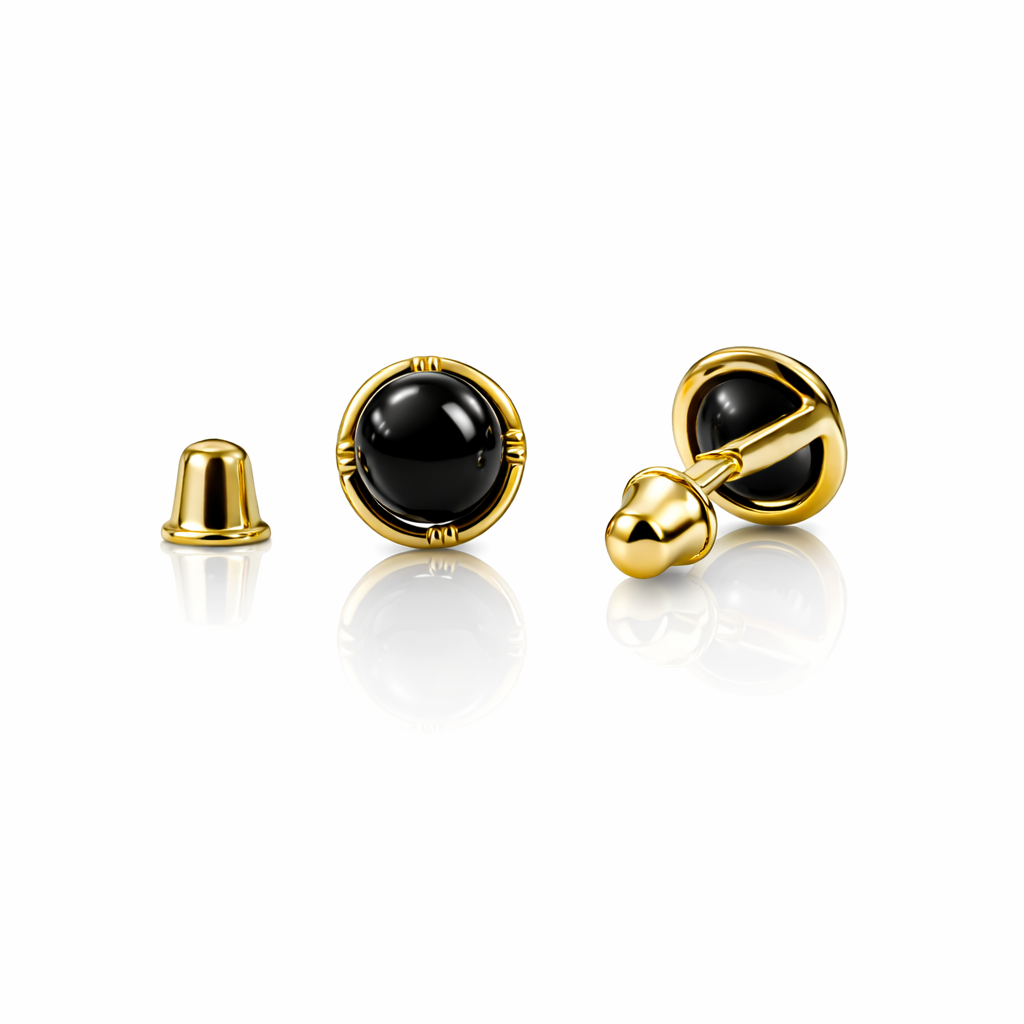 14k Yellow Gold Round Onyx Stud Earrings/ Screw Back