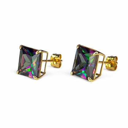 14k Yellow Gold Push Back Earrings with Mystic Topaz Princess Cut CZ Stones