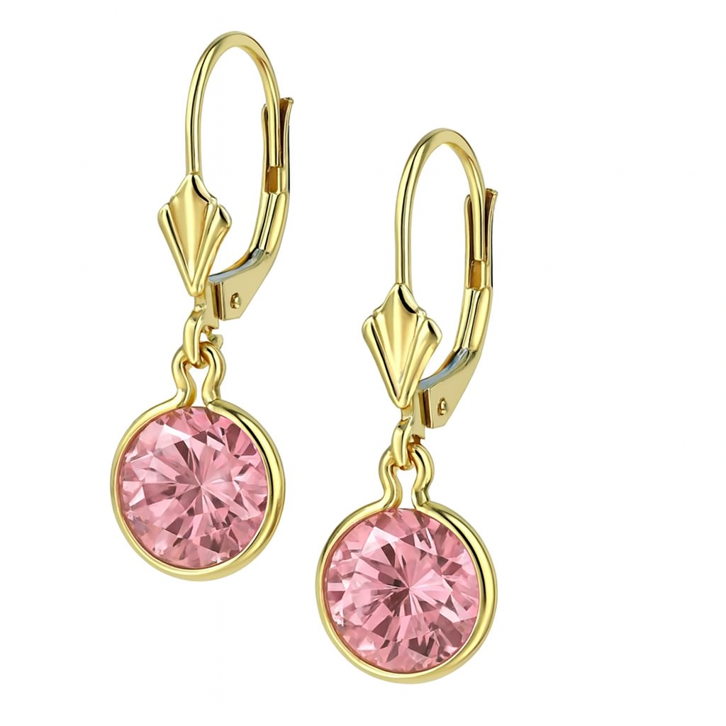 14K Yellow Gold Birthstone Round CZ Dangle Leverback Earrings