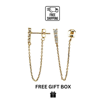 14k yellow gold CZ push back earring with chain