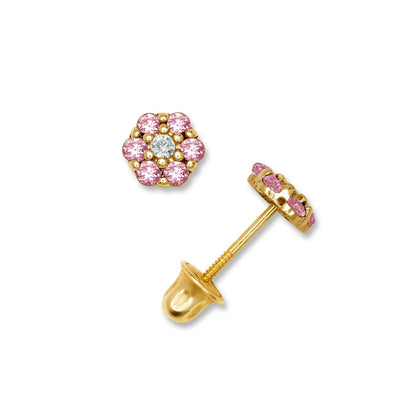 14K Yellow & White Gold Beautiful CZ Flower Stud Earrings for  Girls