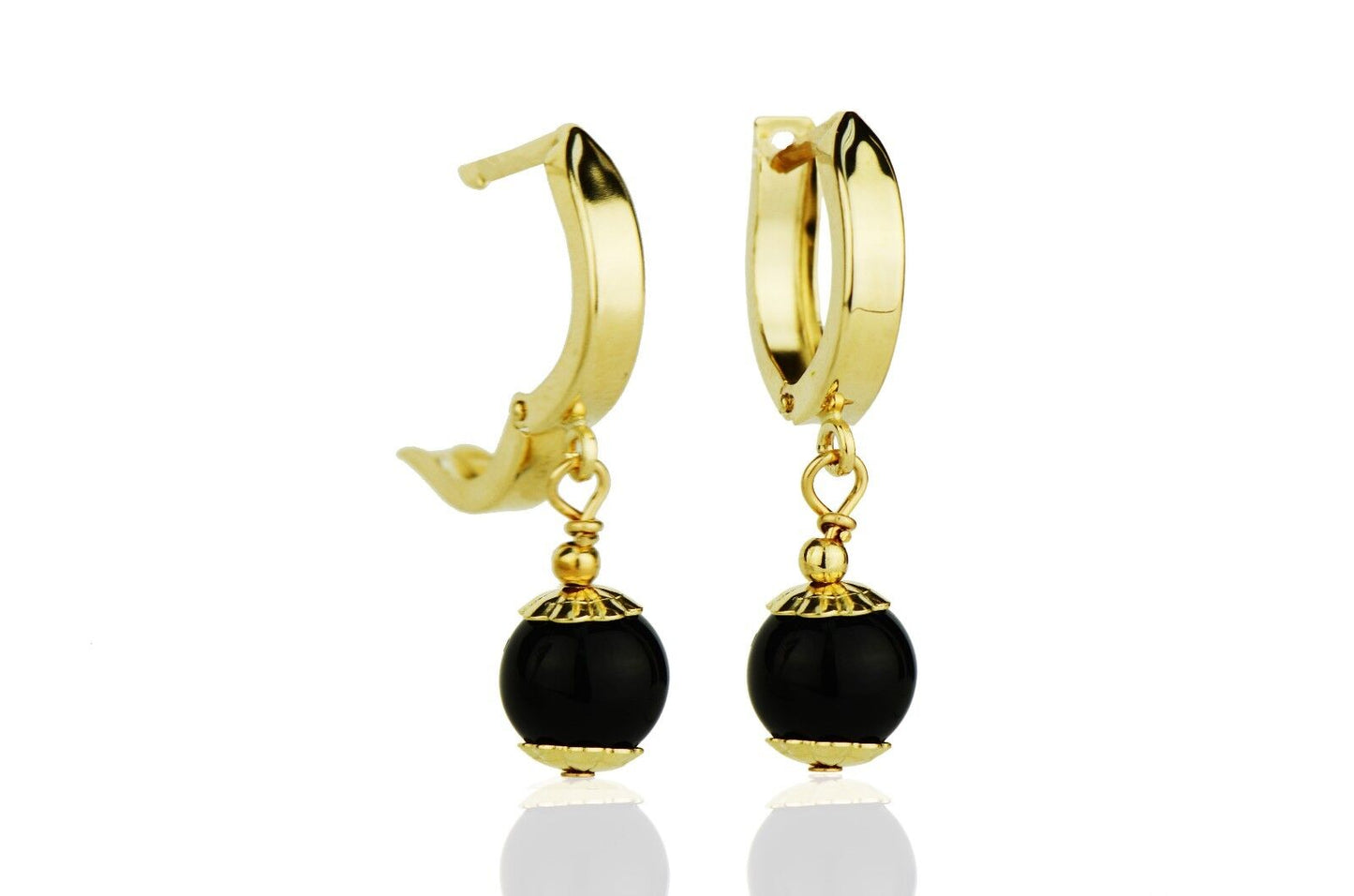 14k Yellow Gold Onyx Huggie Dangle Earrings