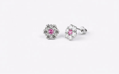 14K White Gold Beautiful Flower CZ Stud Earrings for Women
