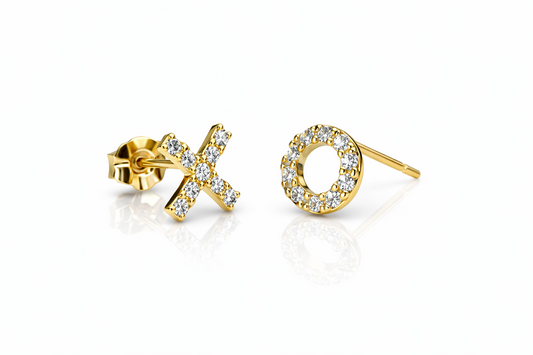 14K Yellow or White Gold CZ "XO" Earrings with Push Back
