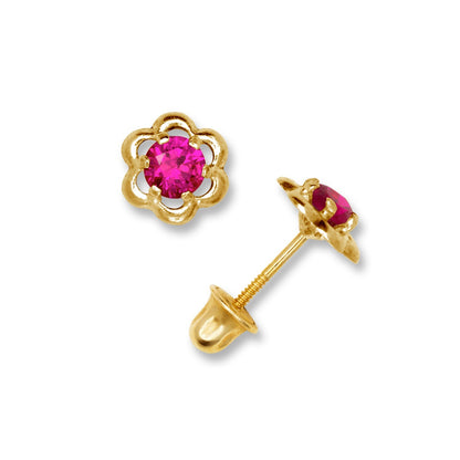 14K Yellow & White Gold Minimal CZ Flower Screw Back Studs Earrings for Women